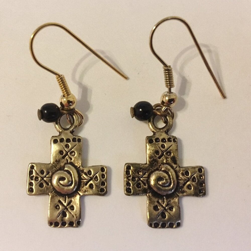 Mixed Metal Cross Earrings Silver Gold Black Beads Ornate Pierced Dangle Vintage